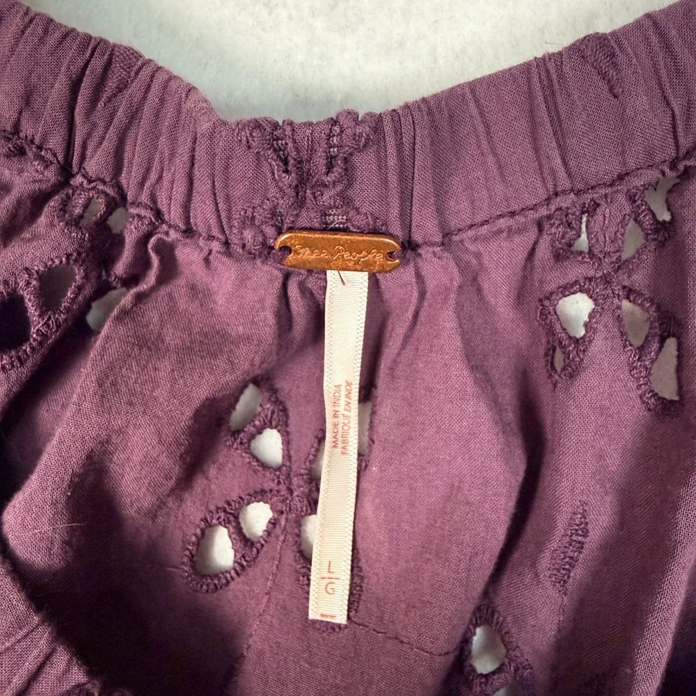 Free People Gardenia Top Purple Eyelet V-Neck Peplum Puff Sleeve Boho Large